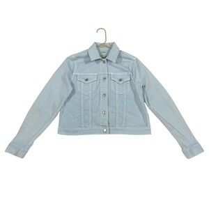 Michael Kors Women's Medium Denim Trucker Jacket Elastic Designer Moto Sky Blue
